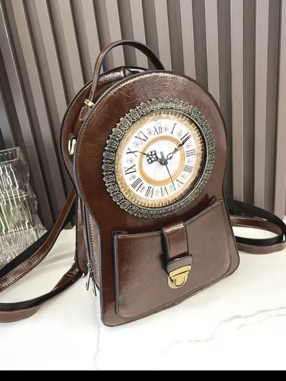 Vintage-Inspired Brown Clock Front Women's Backpack